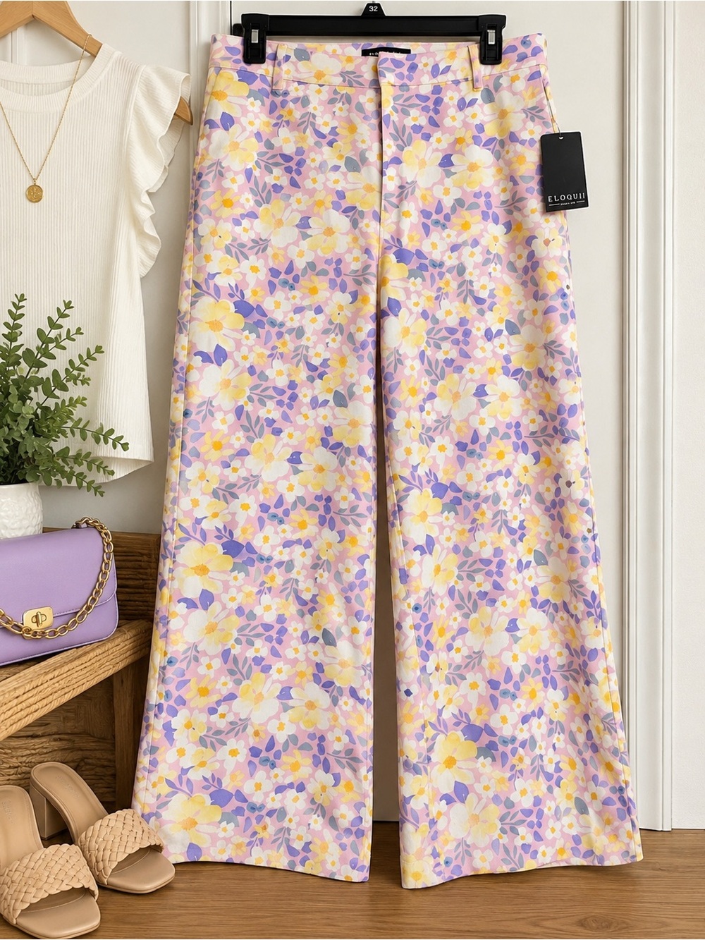 Eloquii Lavender and Yellow Floral Wide-Leg Pants